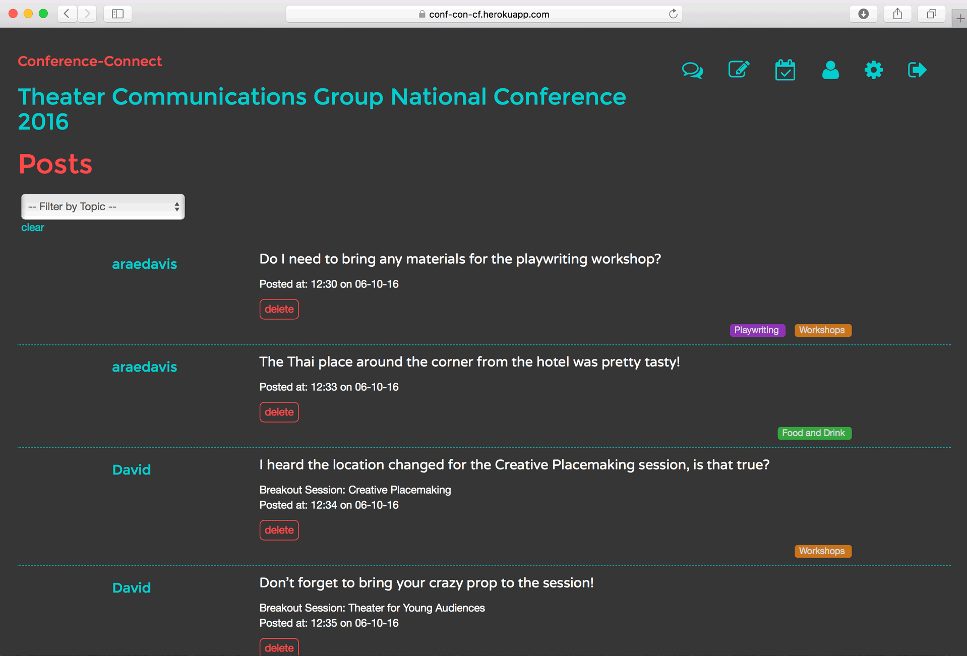 Web interface with message board