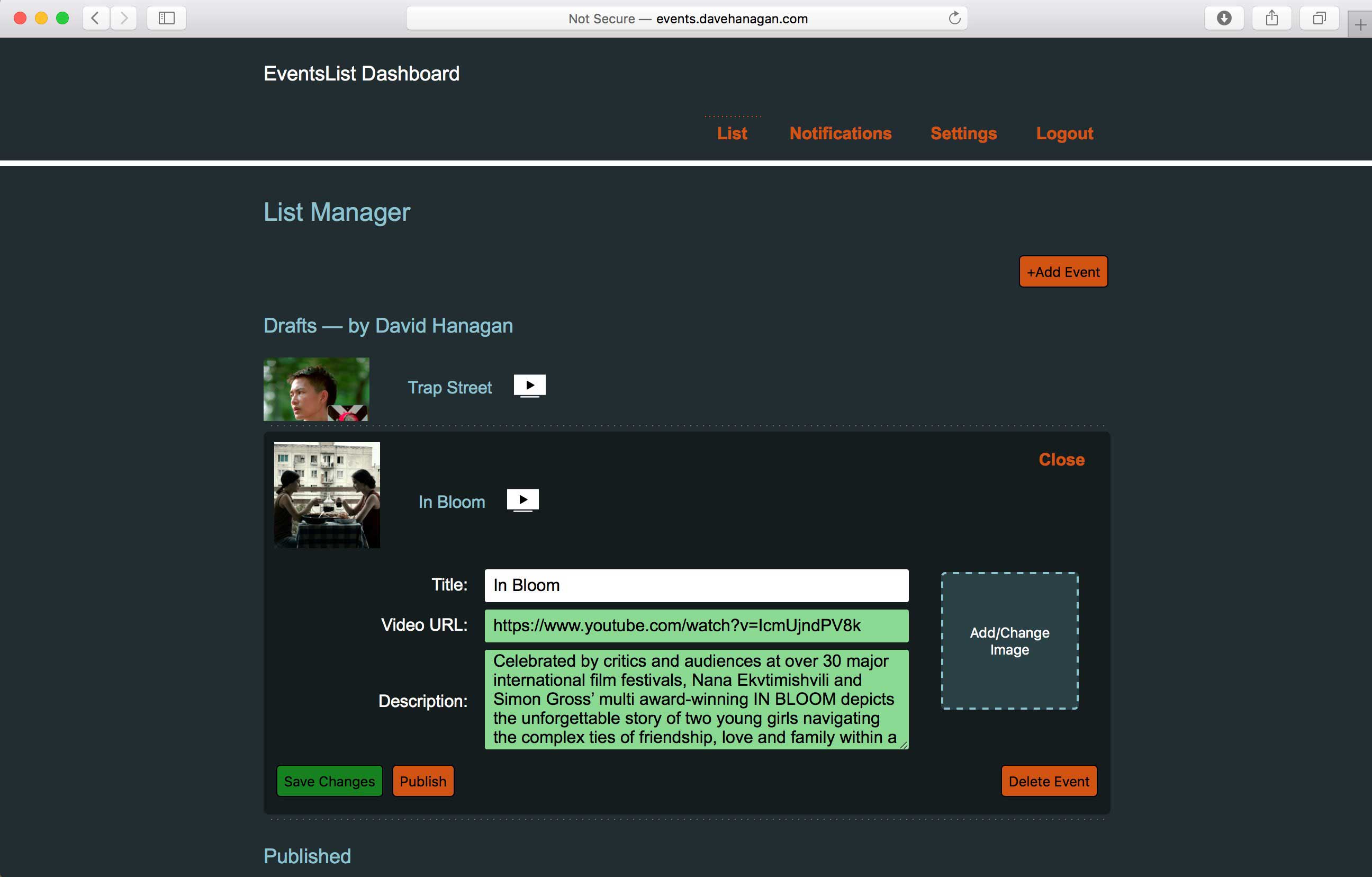 Web page with a database of movies with an open interface for text and image editing